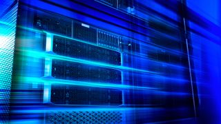 Blade server equipment rack in big data center neon cold blue tone in motion.